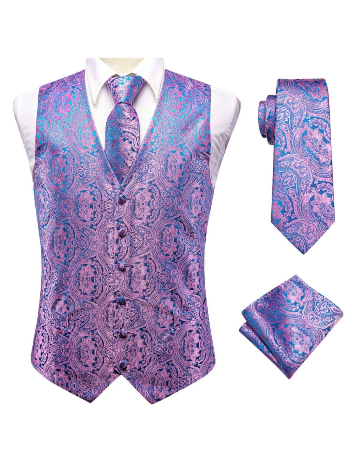 Purple Men Vest Three-Piece Suit Set, Dress Waistcoat with Tie and Pocket Square for Party Ceremony Qme MJ-0049 M