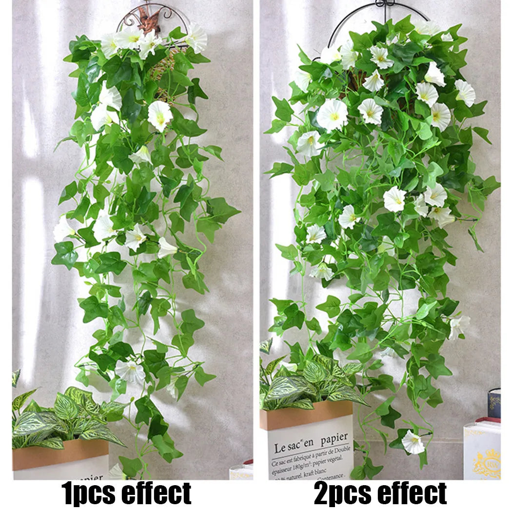 1PCS Hanging Artificial Fake Hanging Silk Flowers Vines Plants Garden Decor Indoor Outdoor Wedding Party Wall Balcony Decor Qme Morning glory white
