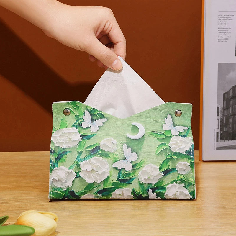 Oil Painting Style Flowers Tissue Box Creative Tabletop Napkin Box For Home Living Room Qme Green
