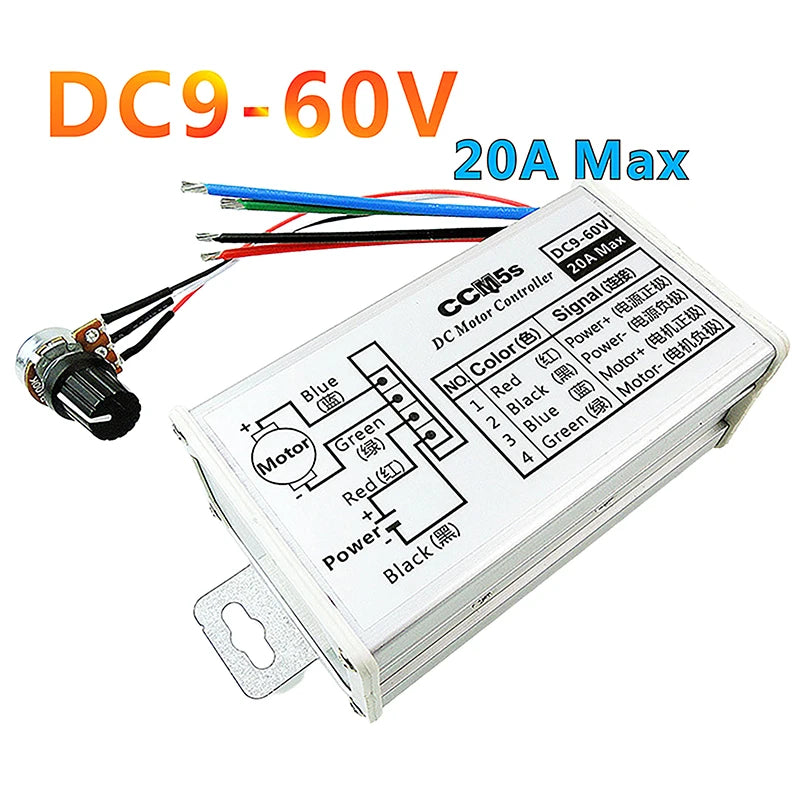 Stepless DC Motor Speed Controller DC 9V-60V 12V 24V 60V 20A Motor Pulse Width Modulator Regulator PWM Speed Regulator. Qme
