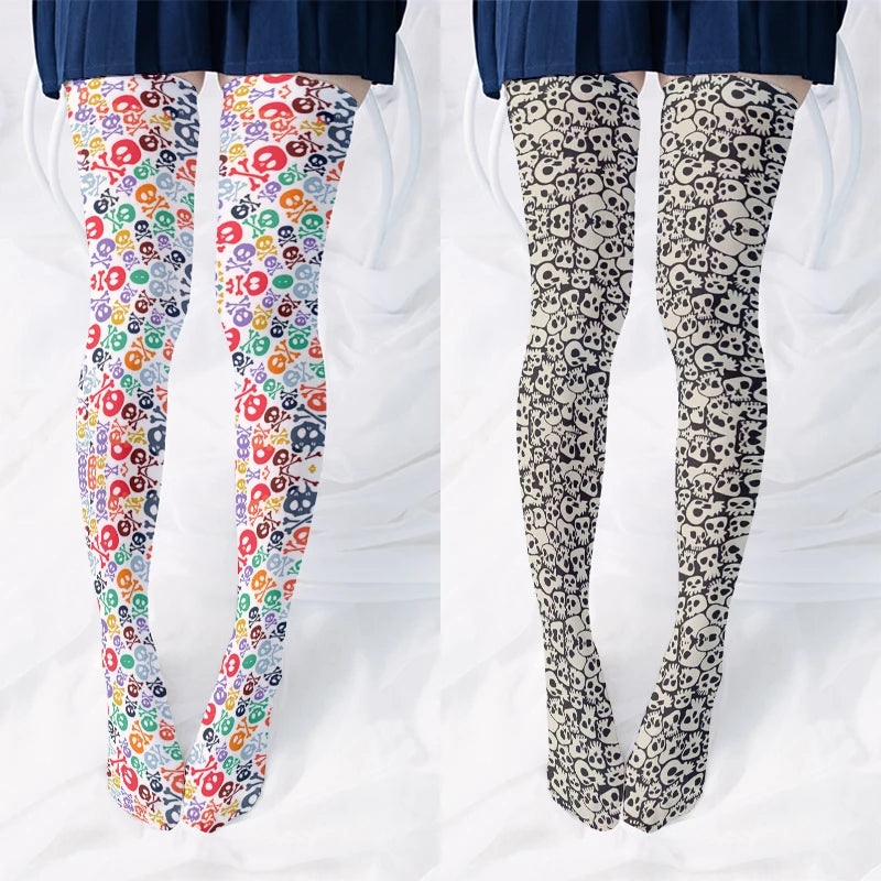 Fun Skull Pattern Women's Long Stockings Fashion Printing Trend Qme