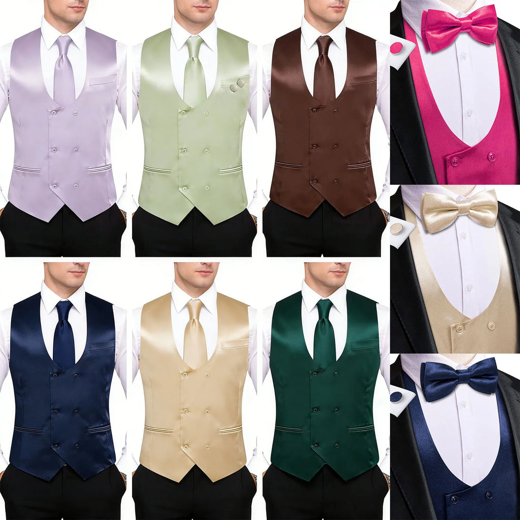 Men's Satin U Collar Vest Tie Hanky Cufflinks Bowtie Formal Waistcoat Qme