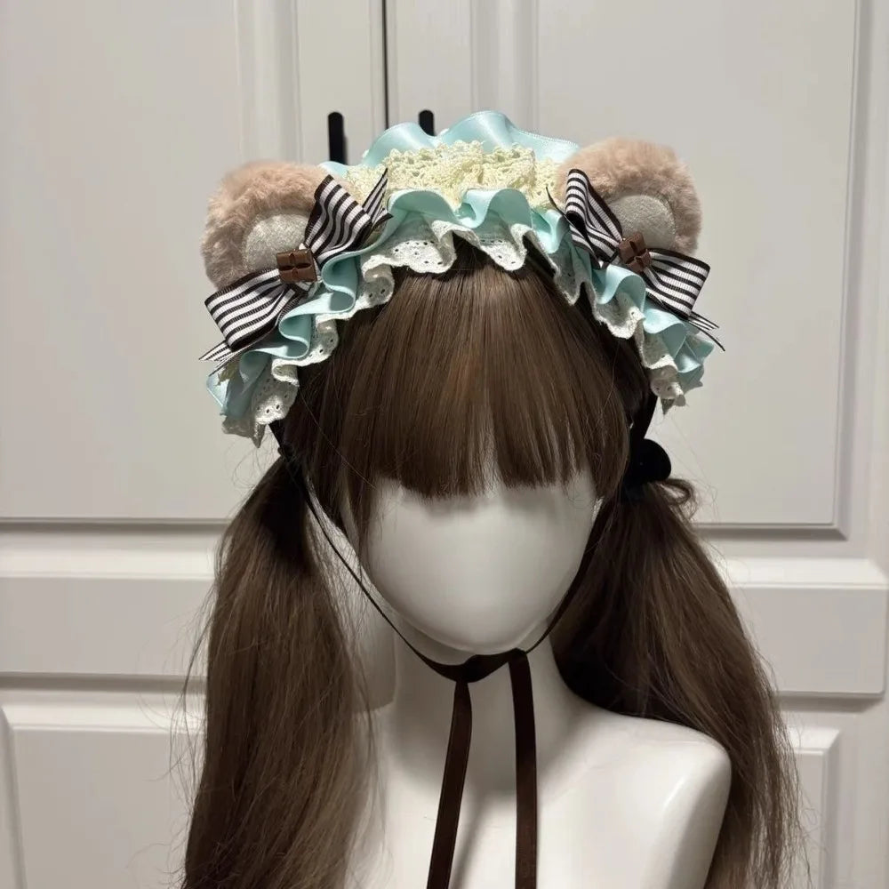 Adjustable Bear Ear Cookies Headband Sweet Lace-up Lolita Hair Hoop Qme Green
