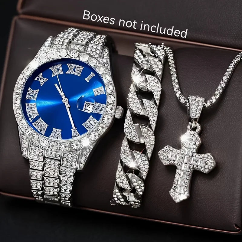 Hip-Hop Roman Numerals Diamond-Encrusted Ladies' Watch Fashion Large Dial Quartz Watch Set Qme Ivory