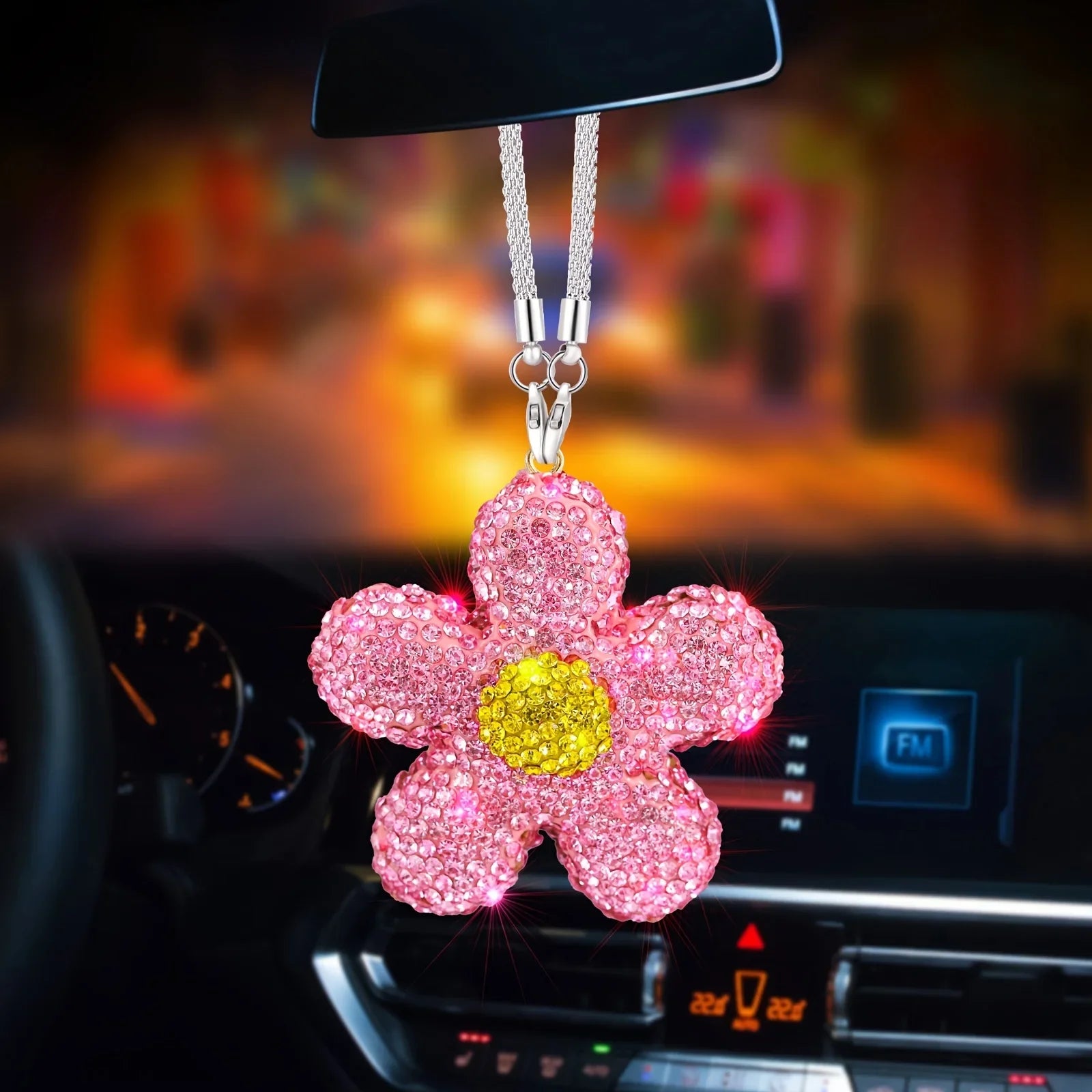 Sparkling Rhinestone-Encrusted Daisy Car Mirror Hanging With Small Daisies - Suitable For Rearview Mirror Or Dashboard Decor Qme