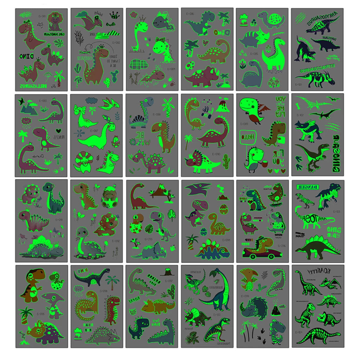 24 Sheets Luminous Dinosaur Temporary Tattoos, Waterproof Glow In The Dark T-Rex Pterosaur Velociraptor Triceratops Stegosaur De Qme 24 Kinds Dinosaurs