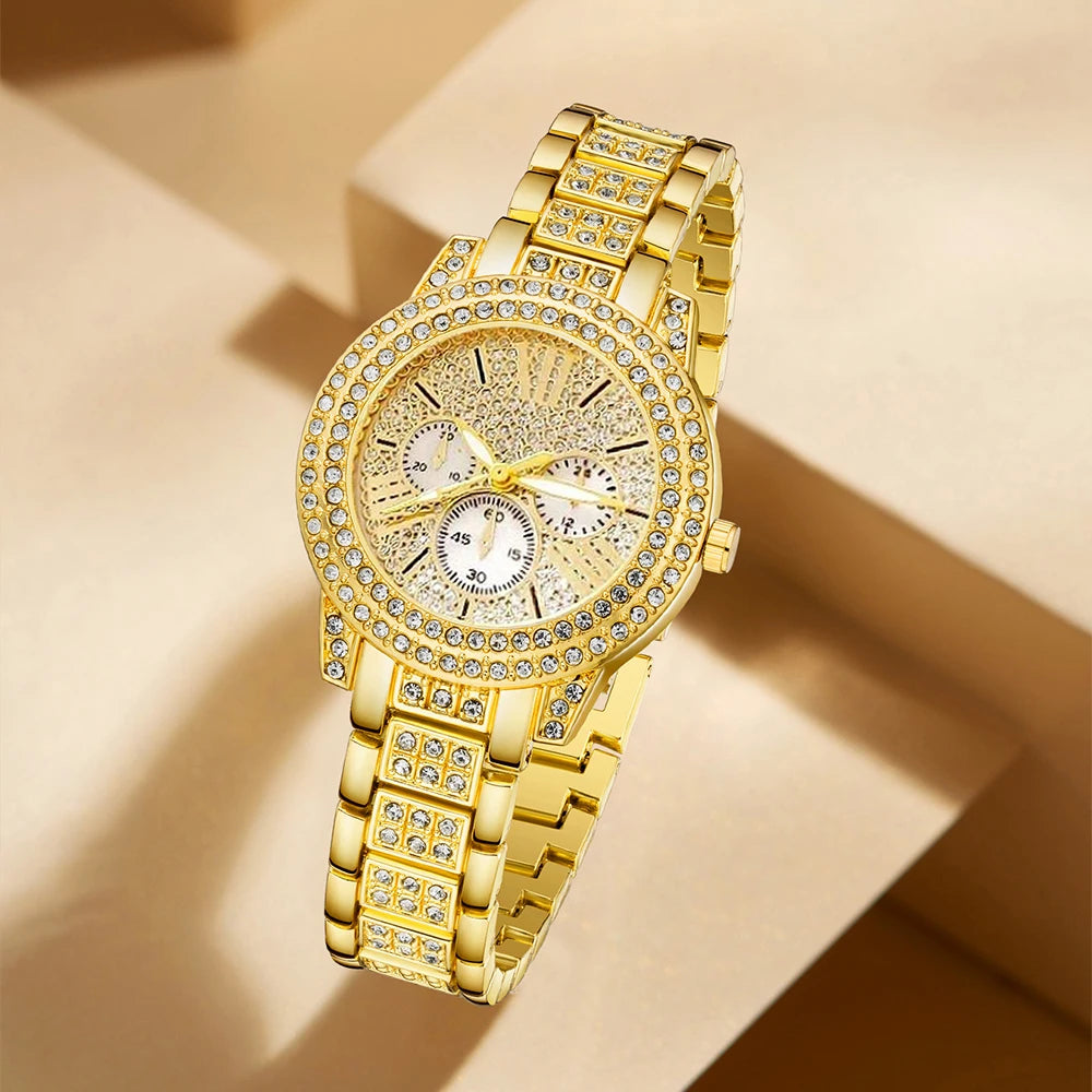 Women's Quartz Watch Gold Luxury Women Ring Necklace Earring Rhinestone Fashion Wristwatch Casual Ladies Watches Jewelry Set ﻿ Qme