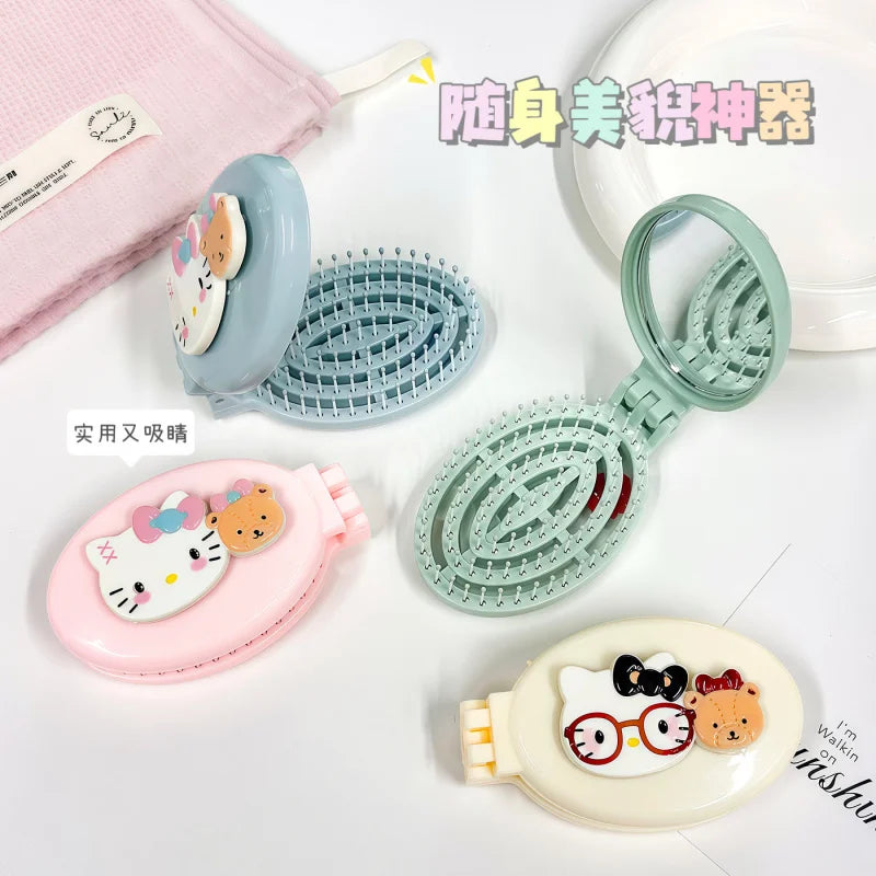 Hello Kitty Cute Creative Folding Mirror Comb Portable Mini Openwork Qme
