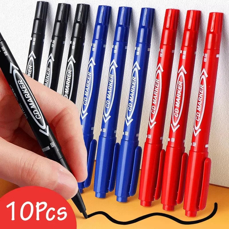 10Pcs/set Double Tip Art Black/Blue/Red Ink Permanent Paint Marker Pen for Plastic Wood Stone Metal Glass Doodling Marking Qme