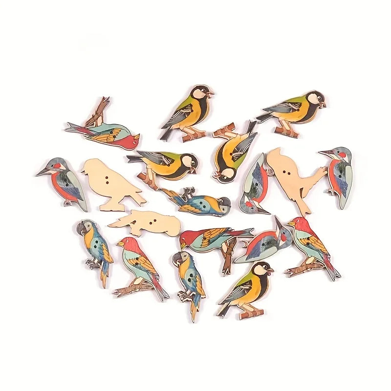 Vintage Bird-Shaped Wooden Buttons, Printed Wood Decorative Buttons For DIY Crafts Qme
