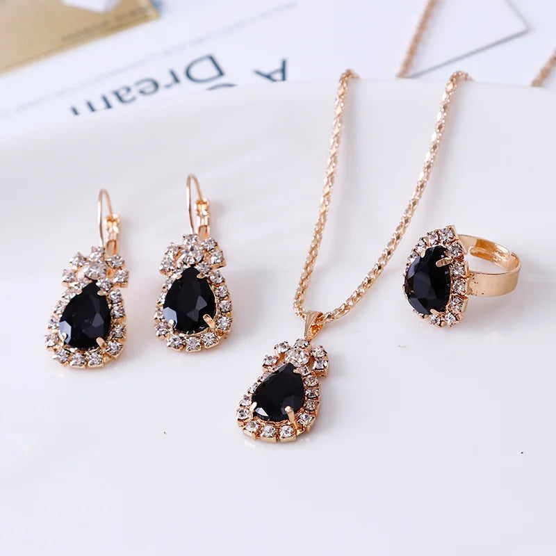 3ps Set Fashion Water Drop White Blue Red Purple Black Temperament Jewelry Sets for Party Women Pendant/Necklace/Earrings/Rings Qme black