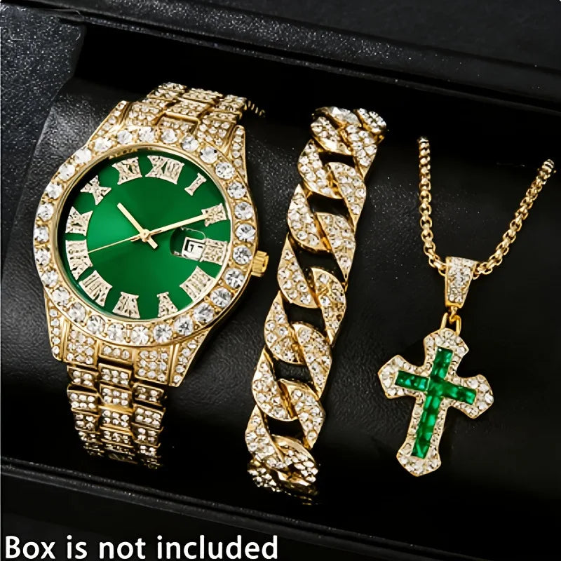 Hip-Hop Roman Numerals Diamond-Encrusted Ladies' Watch Fashion Large Dial Quartz Watch Set Qme Rose