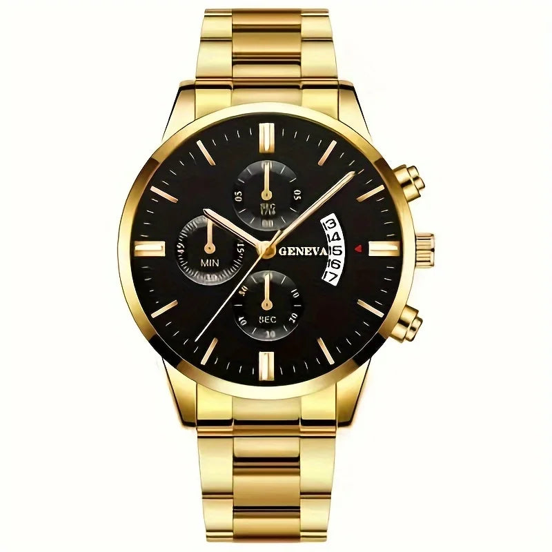 Vintage Quartz Men's Watch with Calendar - Elegant Stainless Steel Timepiece, Perfect Gift Qme Steel Strip Gold