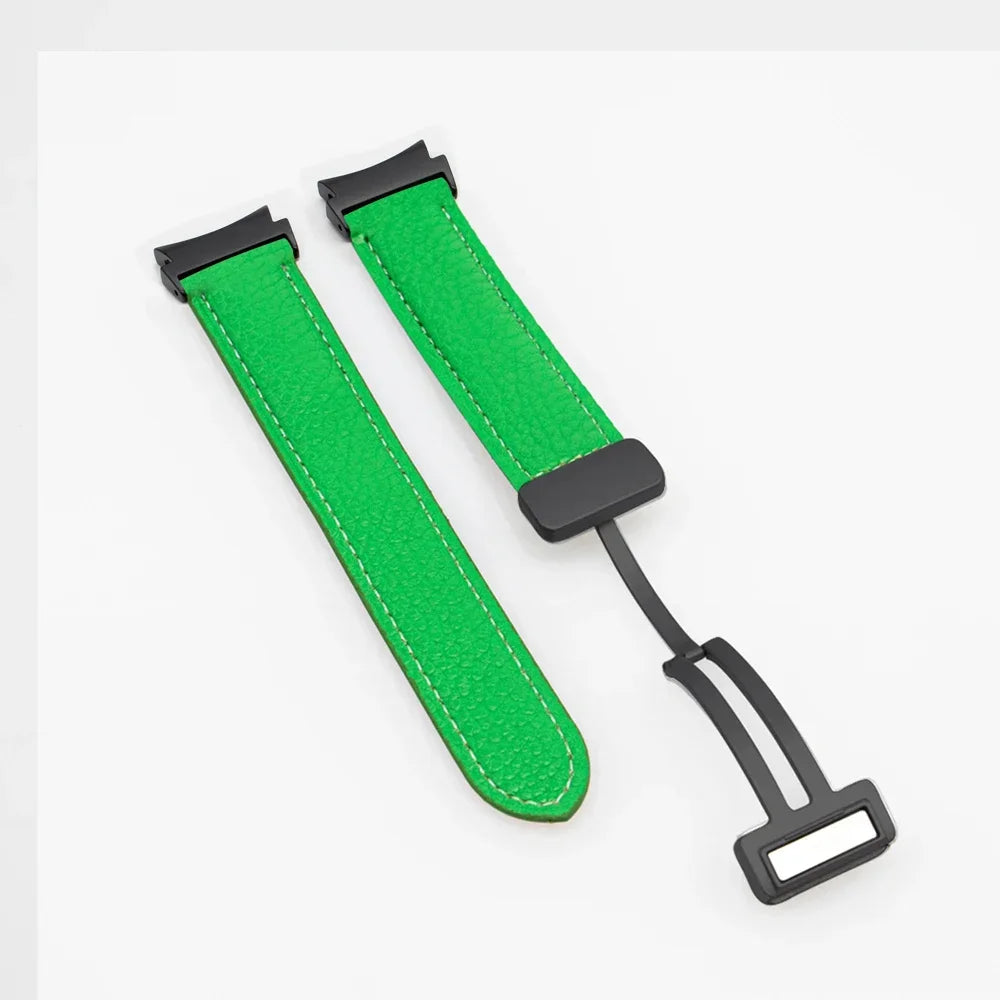 No Gaps Leather Band for Samsung Galaxy Watch 6 5 4 40mm 44mm 4/6Classic 46mm 42 43 47mm 5 Pro 45mm Magnetic Buckle Watch Strap Qme green-b Galaxy Watch 4 40mm