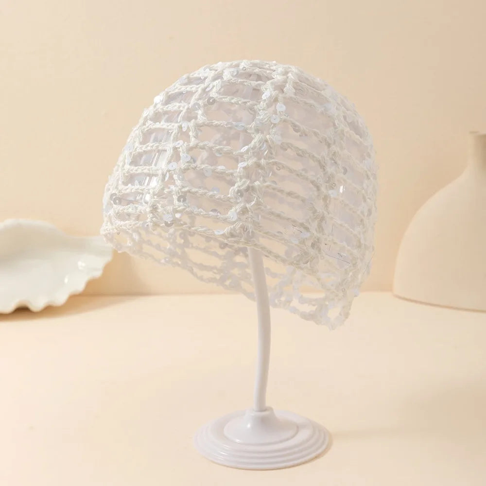 Retro Elegant Hollowed Out Knitted Hat Thin Solid Crochet Sequined Qme White