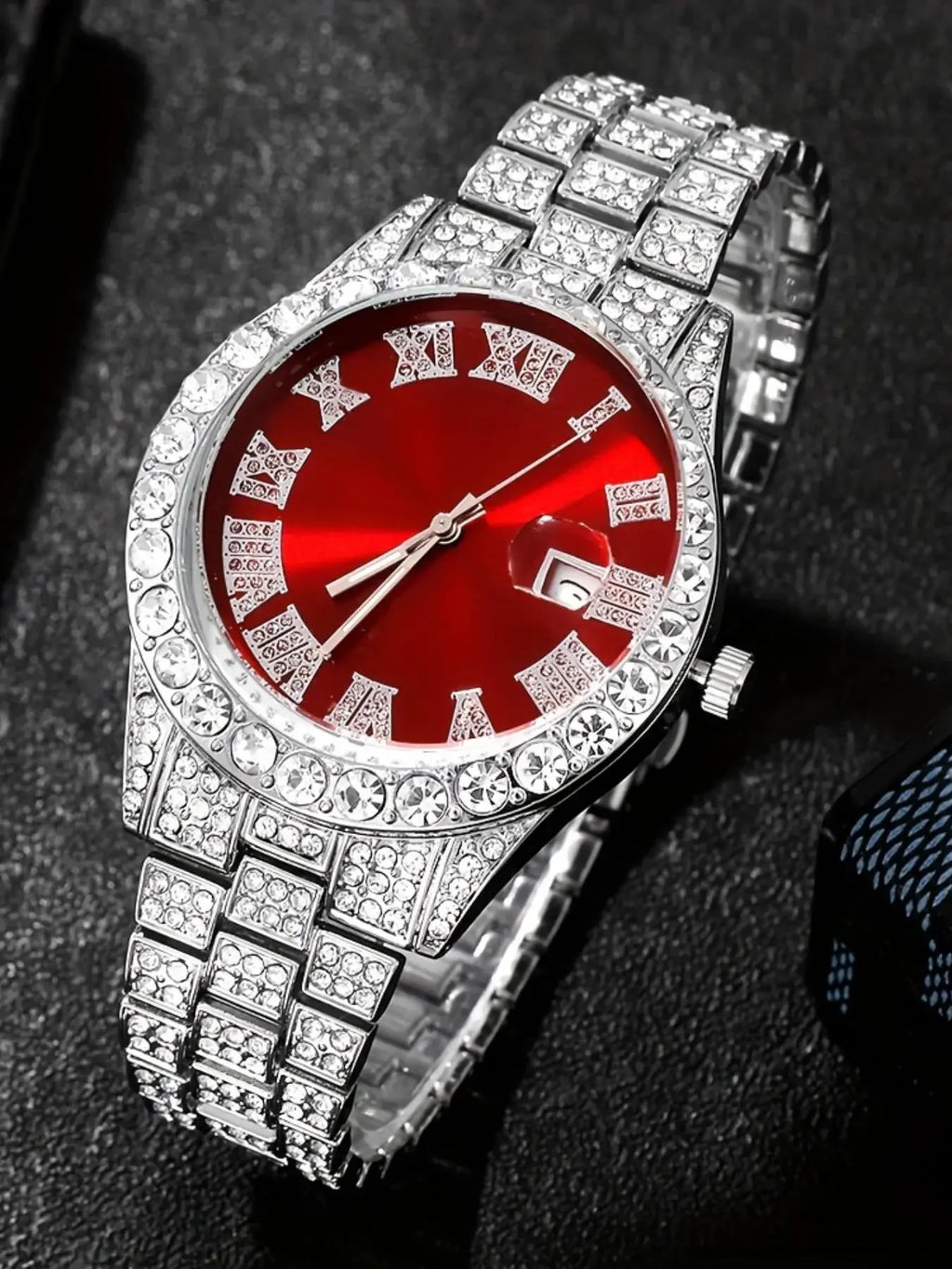 Hot Sale 4Pcs Silver Iced Out Men's Watch & Jewelry Set, Red Dial Watch + Cuban Chain + Bracelet + Cross Necklace, Hip Hop Style Qme