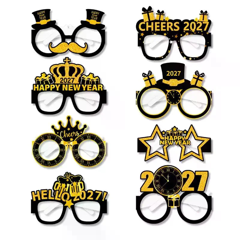 2027 Happy New Year Party Paper Glasses 8pcs Black Gold Glitter For New Years Eve Gatherings Photo Booth Props Qme