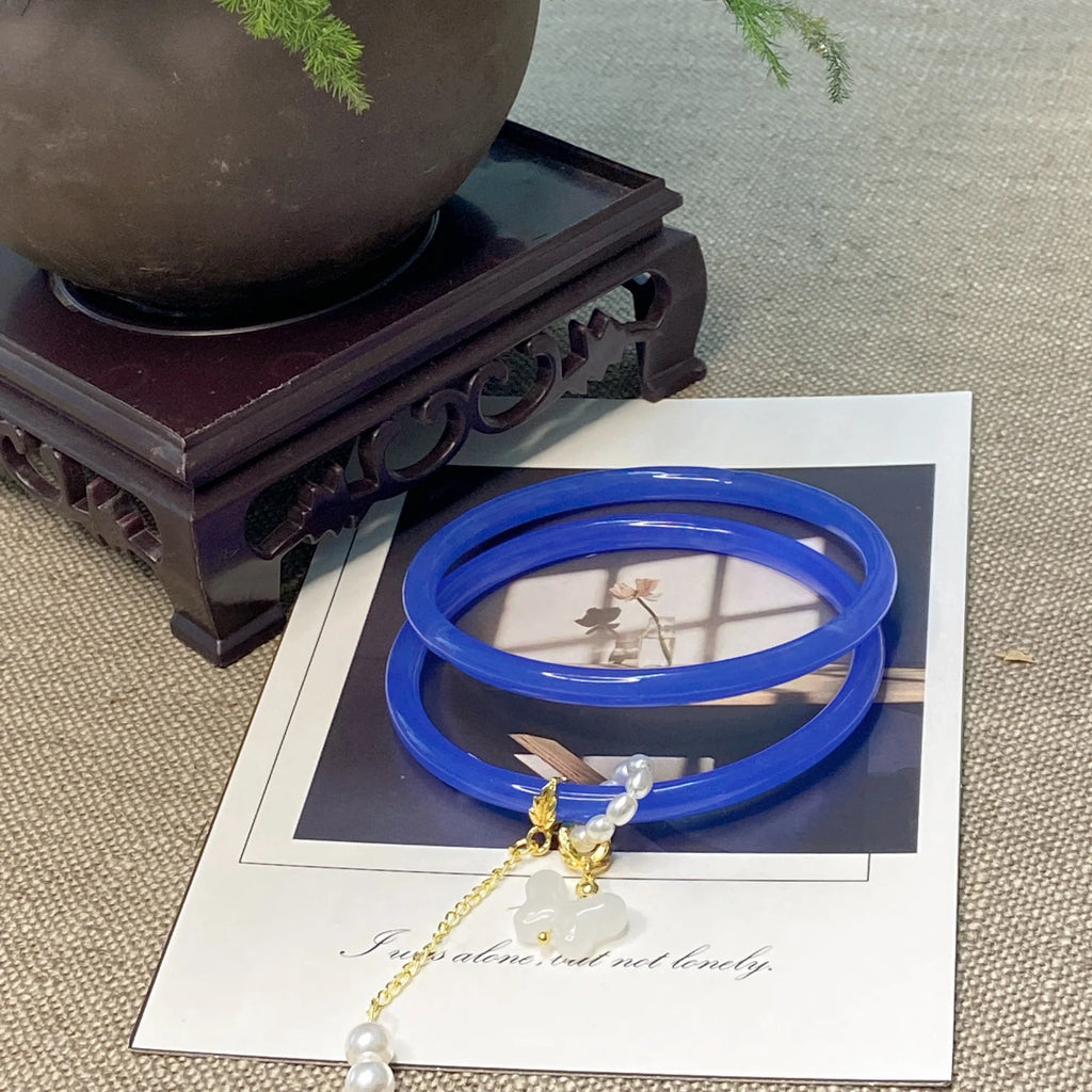 2Pcs/Set Imitate Natural Jade Jingle Butterfly Jelly Bangles Retro Simple Girl Antique Glass Bracelet Women's Jewelry Gifts Qme blue China Mainland 58mm