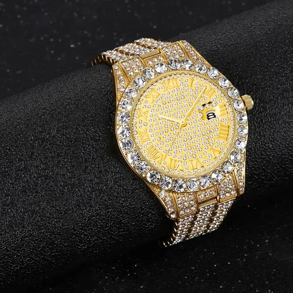 2pcs/set, Rhinestone Studded Calendar Ladies Quartz Watch And 1pc Rhinestone Jewelry Set Qme