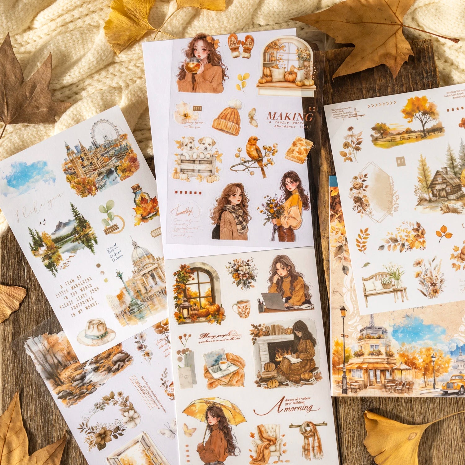 20sheets/bag Golden Autumn Daily Life Theme Die Cut Sticker Sheets for Scrapbooking DIY Frame Collage Decoration Laptop Qme