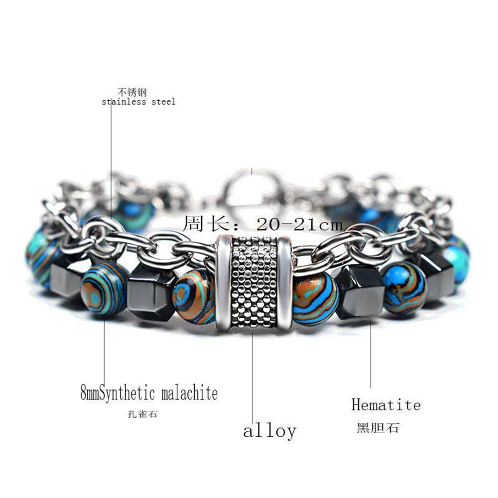 New Cool Fashion Peacock Stone Black Gallstone Metal Bead Bracelet Hip Hop Punk Daily Matching Jewelry Trend Accessories Qme lan 21cm