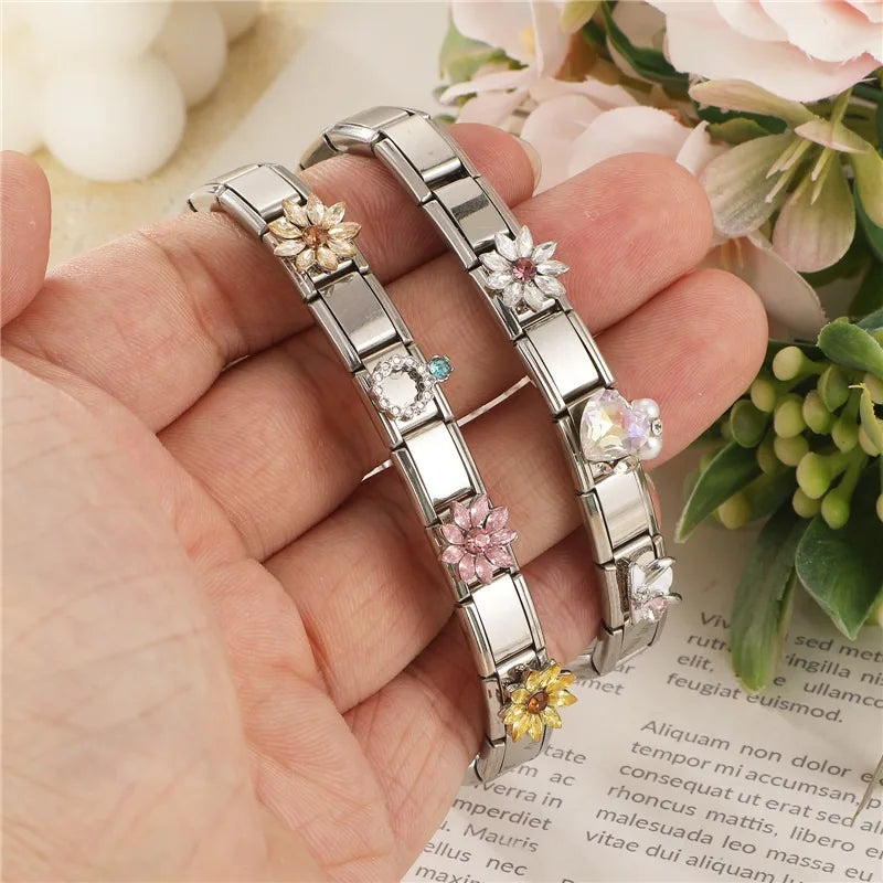 2026 Women Fashion Romantic Blue Heart Love Stars Square Shiny Zircon Italian Charms Fit 9mm Stainless Steel Bracelet Jewelry Qme