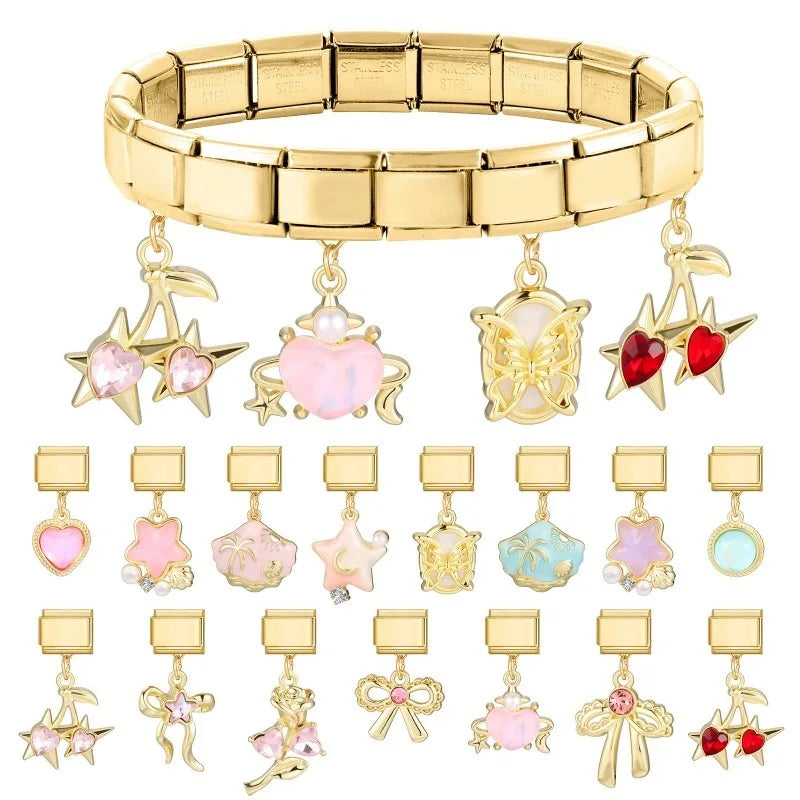 Fashion Flowers Rose Zircon Bowknot Butterfly Golden Italian Charm Links Fit 9mm Stainless Steel Bracelet Women DIY Making Gifts Qme