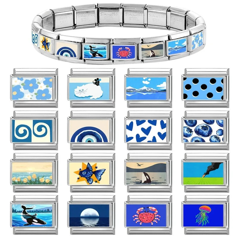 Fashion Blue Series Cartoon Shark Sea Seagull Crab Italian Charm Links Fit 9mm Stainless Steel Bracelet Jewelry DIY Making Beads Qme