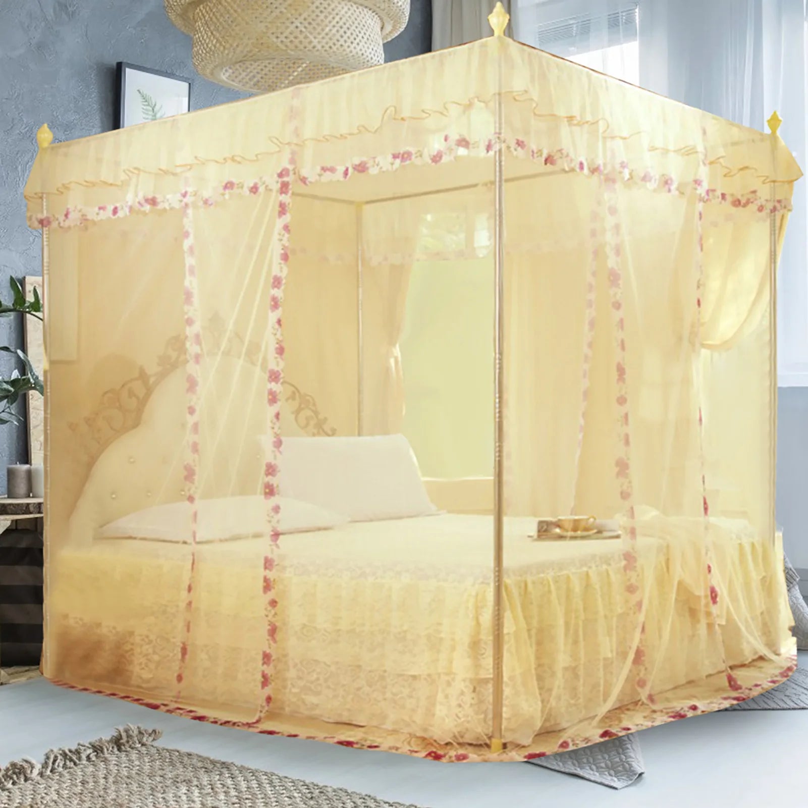 Luxury Lace Mosquito Net 3-Side Opening Design Soft Mesh Fabric Anti-Mosquito Bite Protection for Bedroom No Stand Included Qme