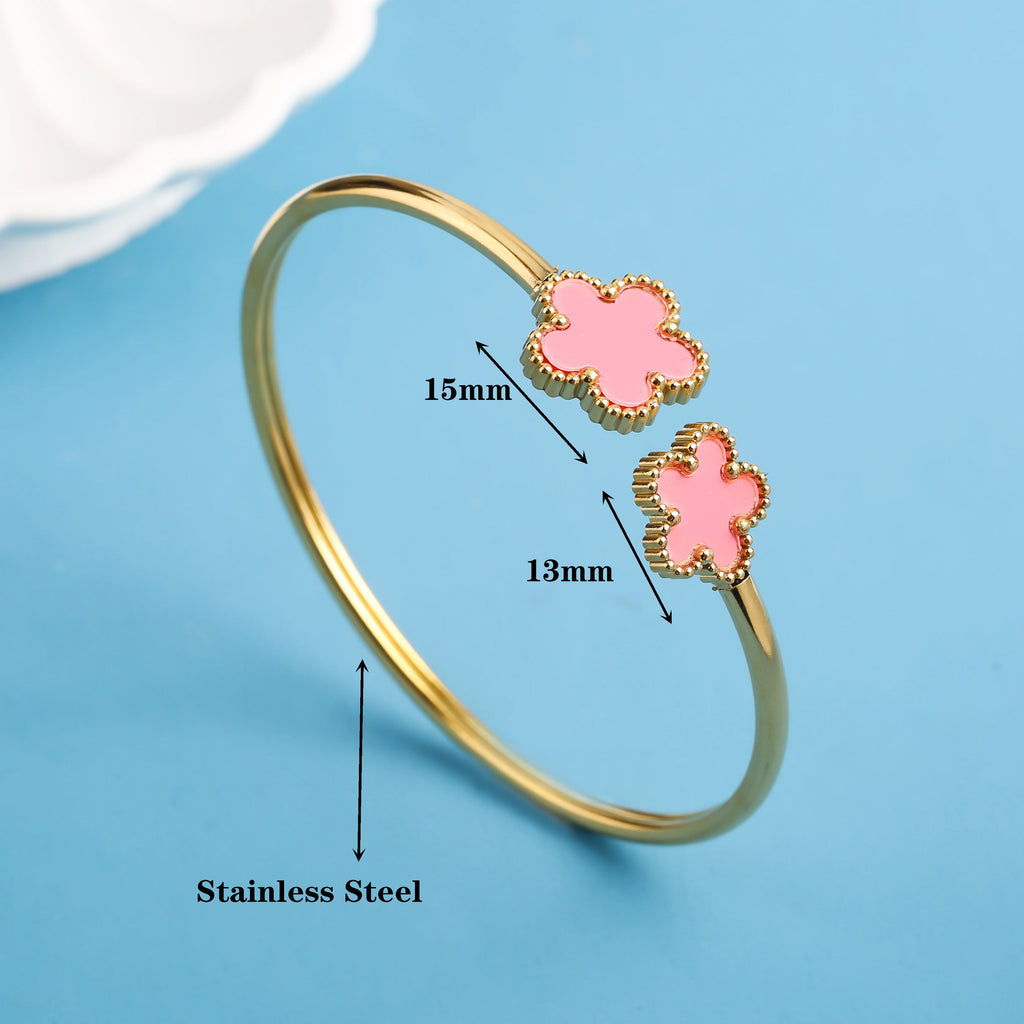 2pcs Gold Color Stainless Steel Five-Leaf Flower Bangle Simple For Woman Party Wedding Exquisite Wrist Jewelry Fine Clover Gift Qme