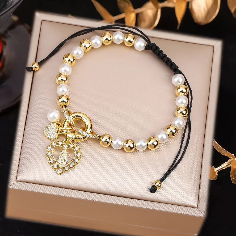 New Design Pearl Copper Braided Virgin Mary Zirconia Black Rope Bracelet Fashion For Woman Daily Party Jewelry Religious Gift Qme K