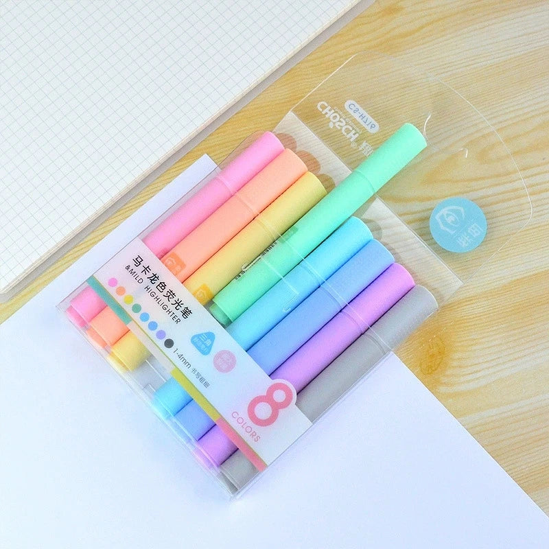 8 Macaron color highlighter pens with slanted head design, eye protection color marker highlighter pens, learning diary supplies Qme