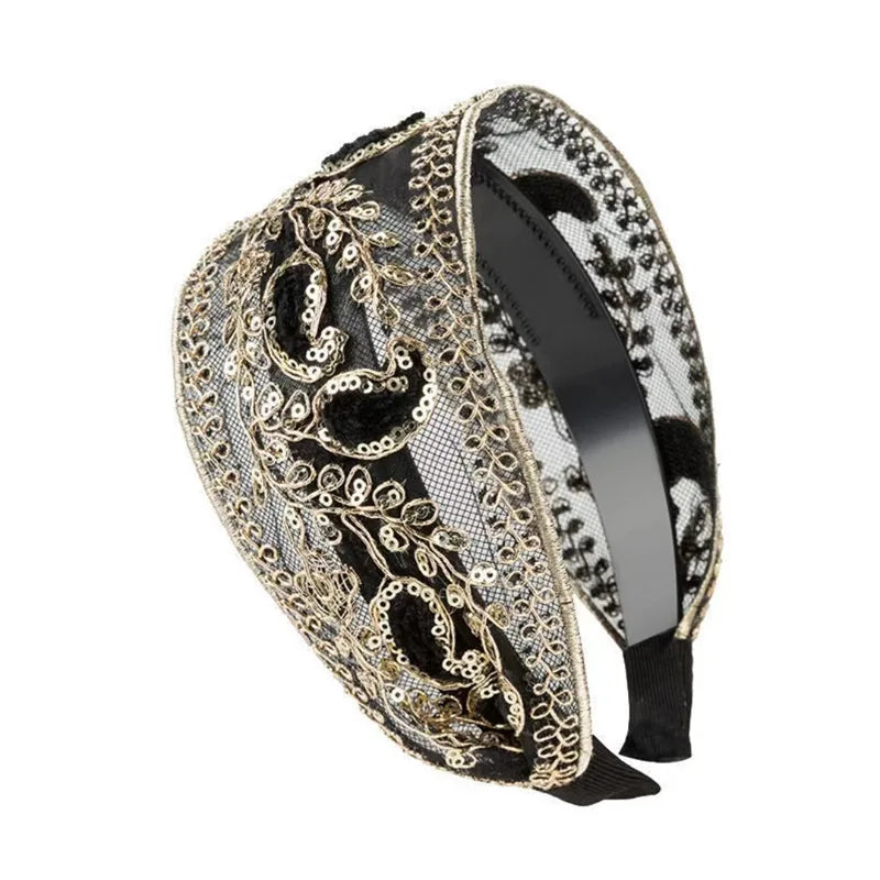 Boho Paisley Embroidered Headband For Women, Non-slip Sequin Lace Hair Band For Daily & Party Qme Black 1pc
