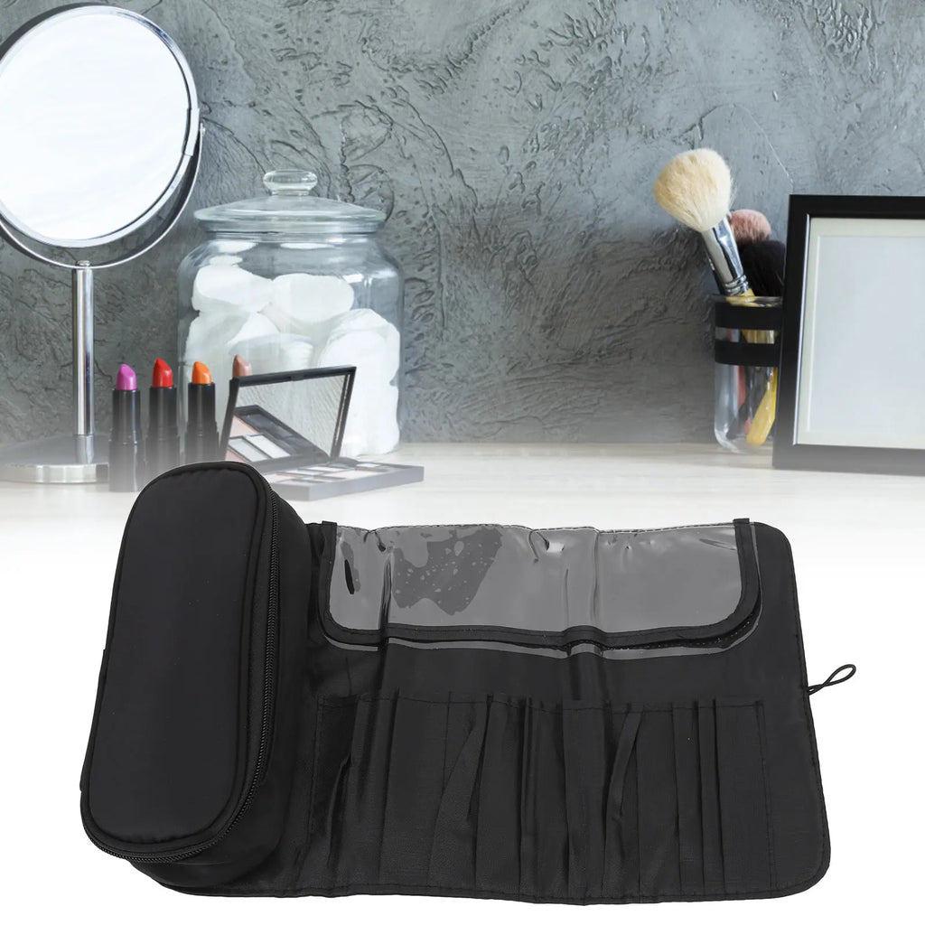 Makeup Brush Travel Case Makeup Brush Travel Case 12 Slots Multifunctional Waterproof Foldable Travel Cosmetic Brush Case Black Qme