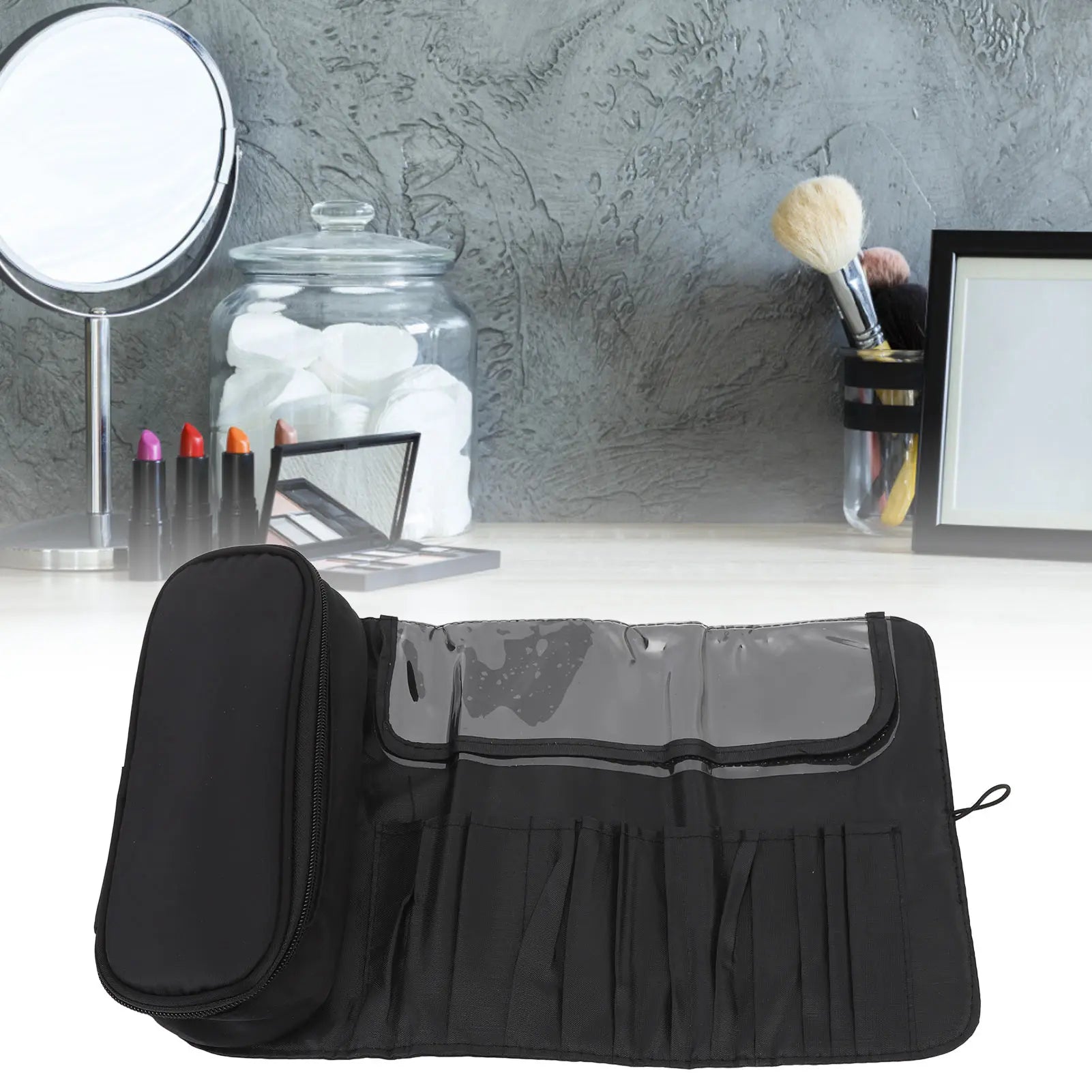 Makeup Brush Travel Case Makeup Brush Travel Case 12 Slots Multifunctional Waterproof Foldable Travel Cosmetic Brush Case Black Qme