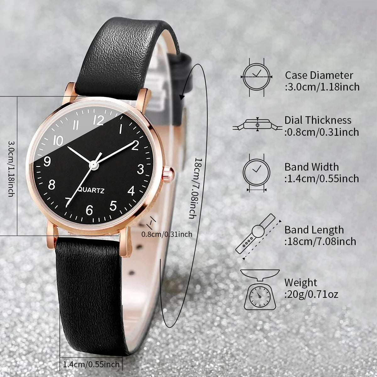 Relógio de quartzo com mostrador árabe feminino, pulseira de couro, relógios sem caixa, moda, 2 peças Qme