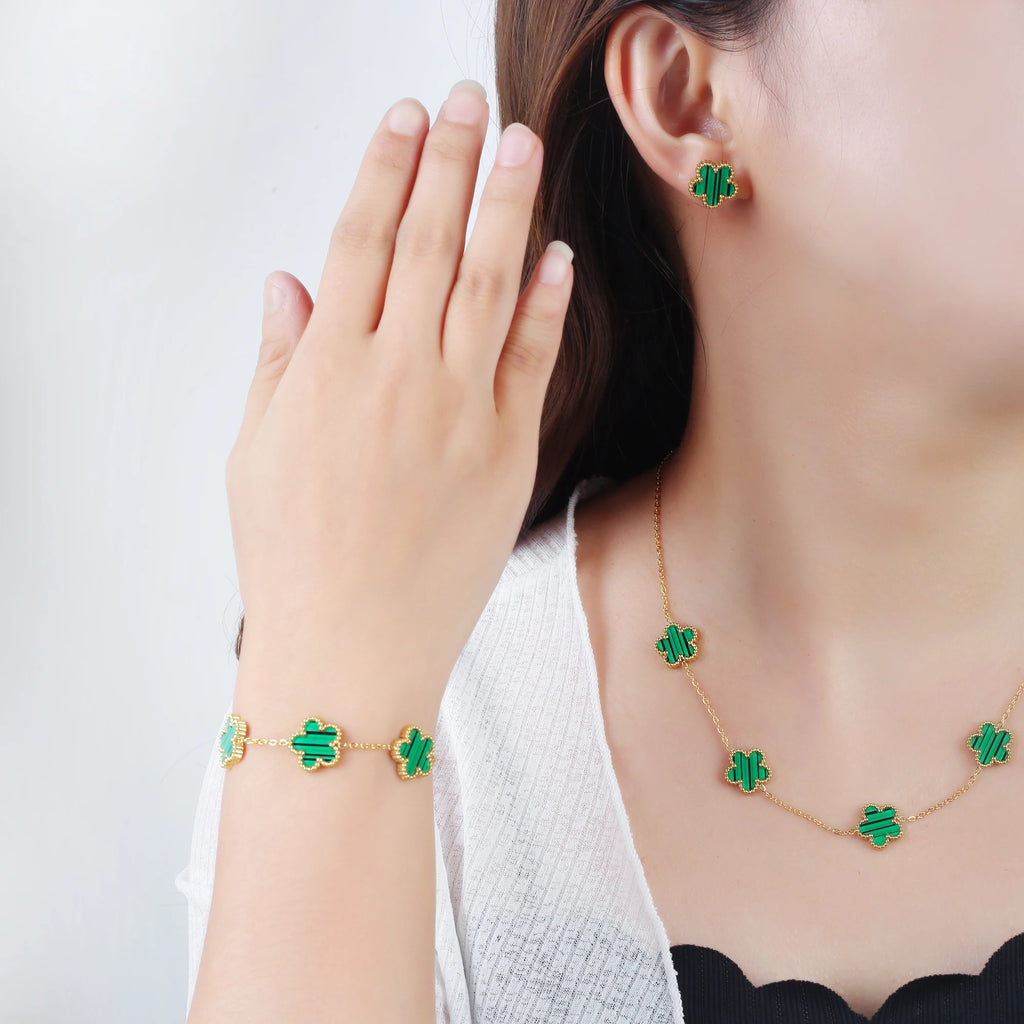New Trend Five Leaf Flower Stainless Steel Jewelry Set Bracelet Necklace Earrings Classic for Woman Party Luxury Jewelry Clover Qme