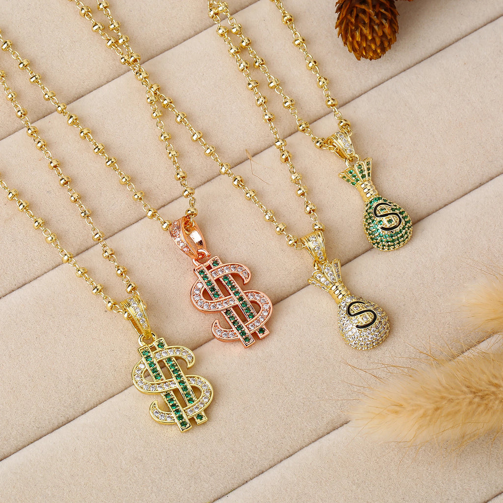 Lucky Wealth Attracting Gift Dollar Sign Money Bag Zircon Necklace Trendy Amulet Jewelry Birthday Holiday Present for Men Women Qme