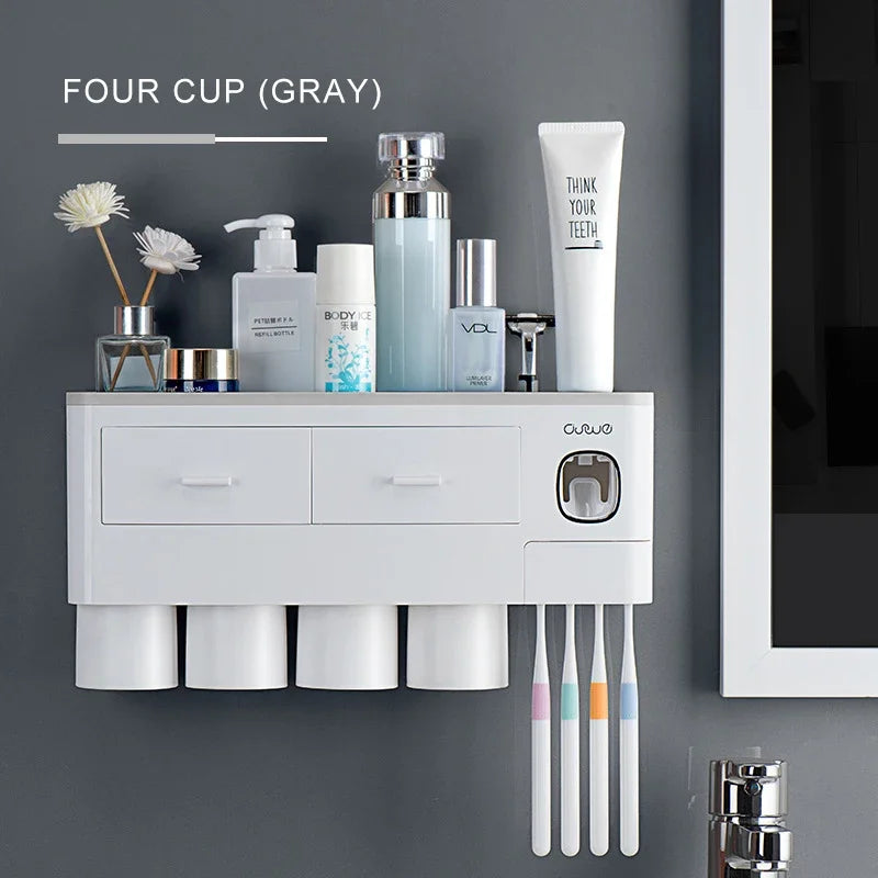 Magnetic Adsorption Inverted Toothbrush Holder Automatic Toothpaste Dispenser With Cup Toothpaste Bathroom Accessories Set Qme CF048-6