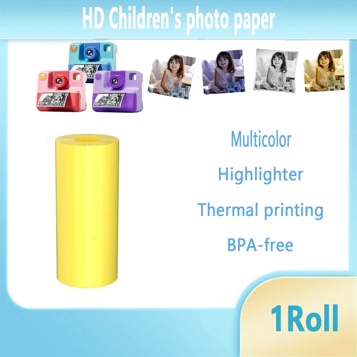 Kids Camera Paper Roll, Kids Instant Refill Paper, 4 Color Portable Thermal Printing Camera Photo Paper Rolls 57*25mm Qme M-Yellow57-25-1