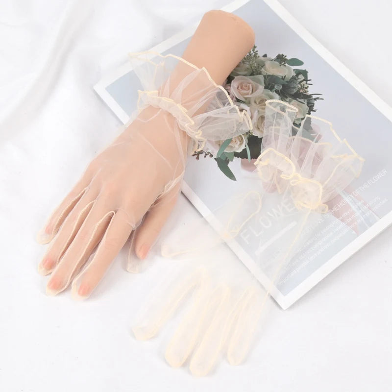 Sexy Transparent Lace Black White Gloves Solid Fashion Women Drive Qme Beige