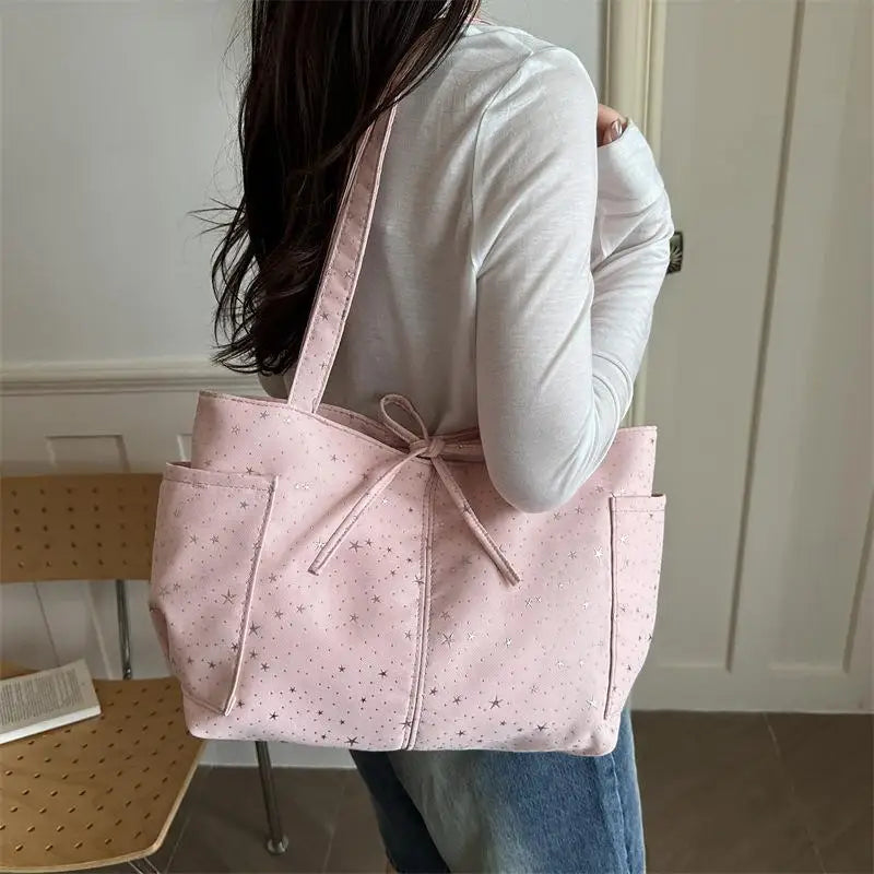 Light Blue Tote Bag With Glitter Star Pattern Bow Decor Multi Pockets For School Shopping Daily Outings Travel Qme