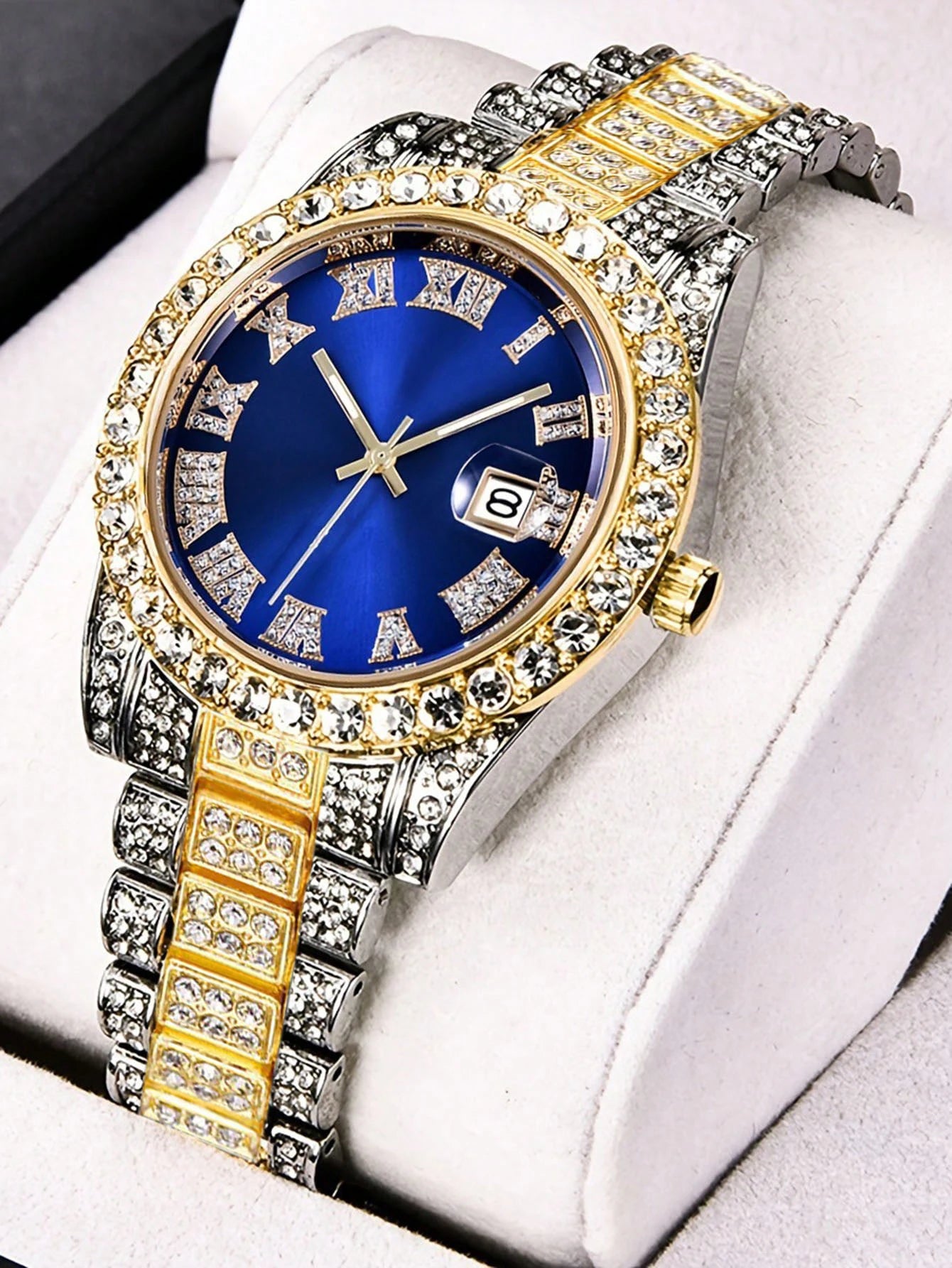 Full Faux Diamond Steel Strap Large Dial Quartz Watch Qme Blue