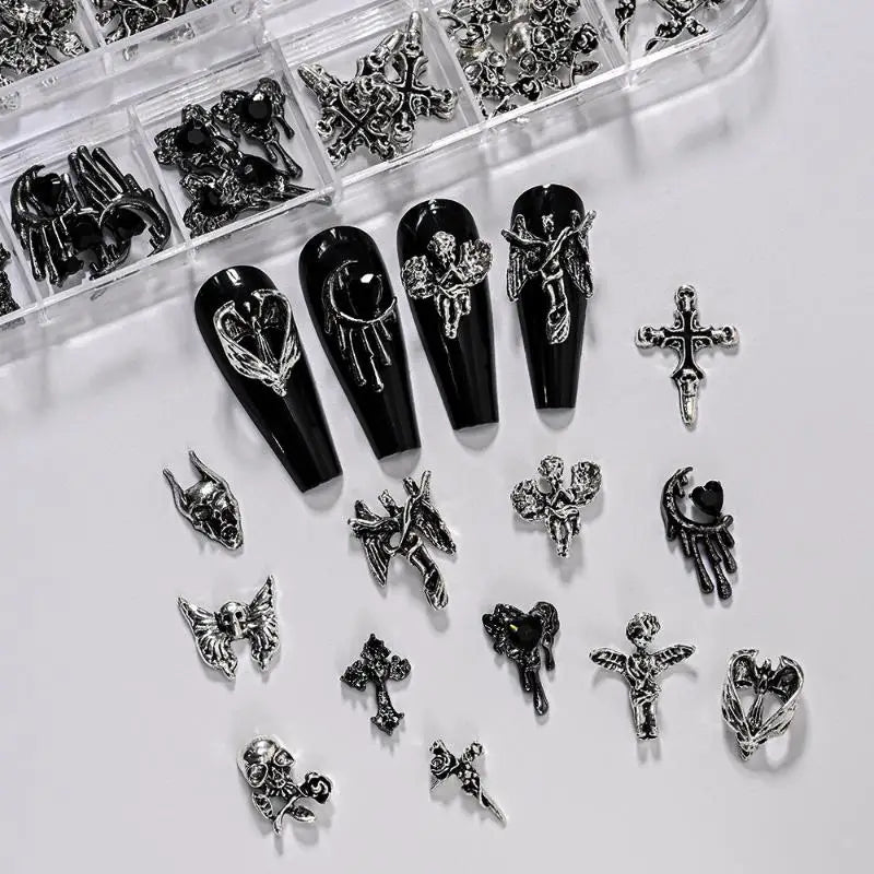 12Grid Vintage Cross Nail Art Charms Y2k Metal Alloy Skeleton Angel Qme