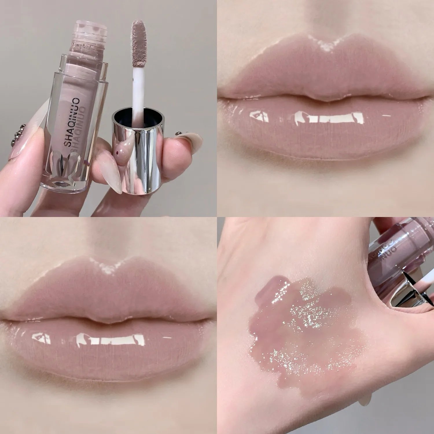 SHAQINUO Water Light Mirror Lip Gloss Lasting Moisturizing Cool Black Silver Gray Pearlescent Fine Sparkling Lipstick Lip Oil Qme S9137-01