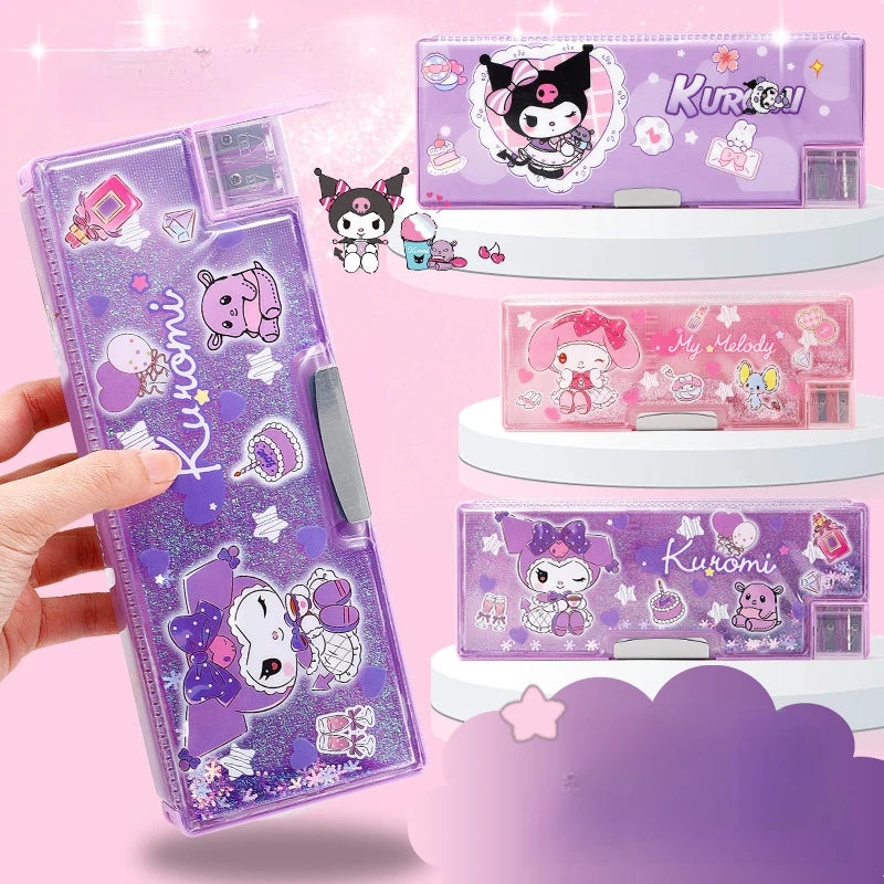 Kuroomi Pencil Case, Student Double-Sided Magnetic Clasp Pencil Case, Melody Cartoon Pencil Sharpener, Flowing Sand Pencil Case Qme