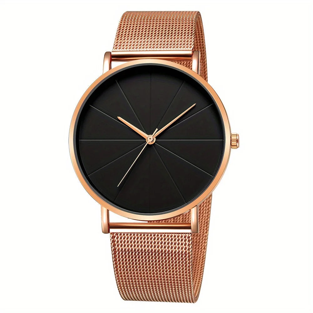 Casual Round Pointer Quartz Watch Large Geo Dial Analog Mesh Strap Wristwatch For Women Men Qme Rose No