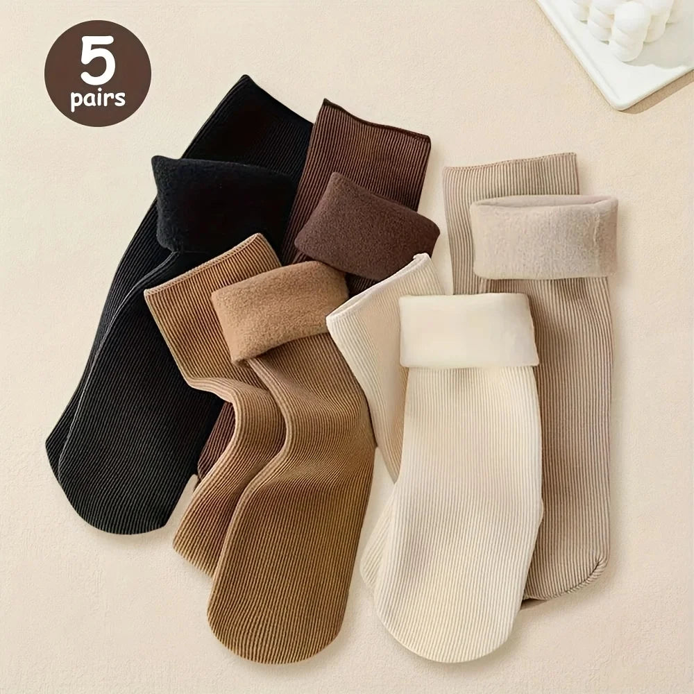 5Pairs Women Winter Thermal Socks, Fleece Lined Thick Warm Crew Socks, Soft Cozy Floor Sleeping Socks Qme 5 Pairs One Size