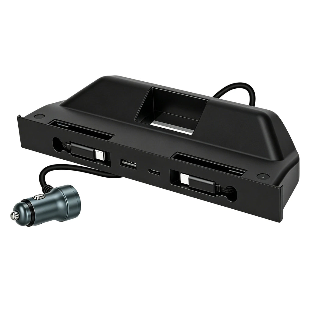 Charger Expansion Dock for Tesla ModelY/YL/3 Muti-Ports Charging Hub 60W Dual Type-C Retractable Cables for Center Console Qme black