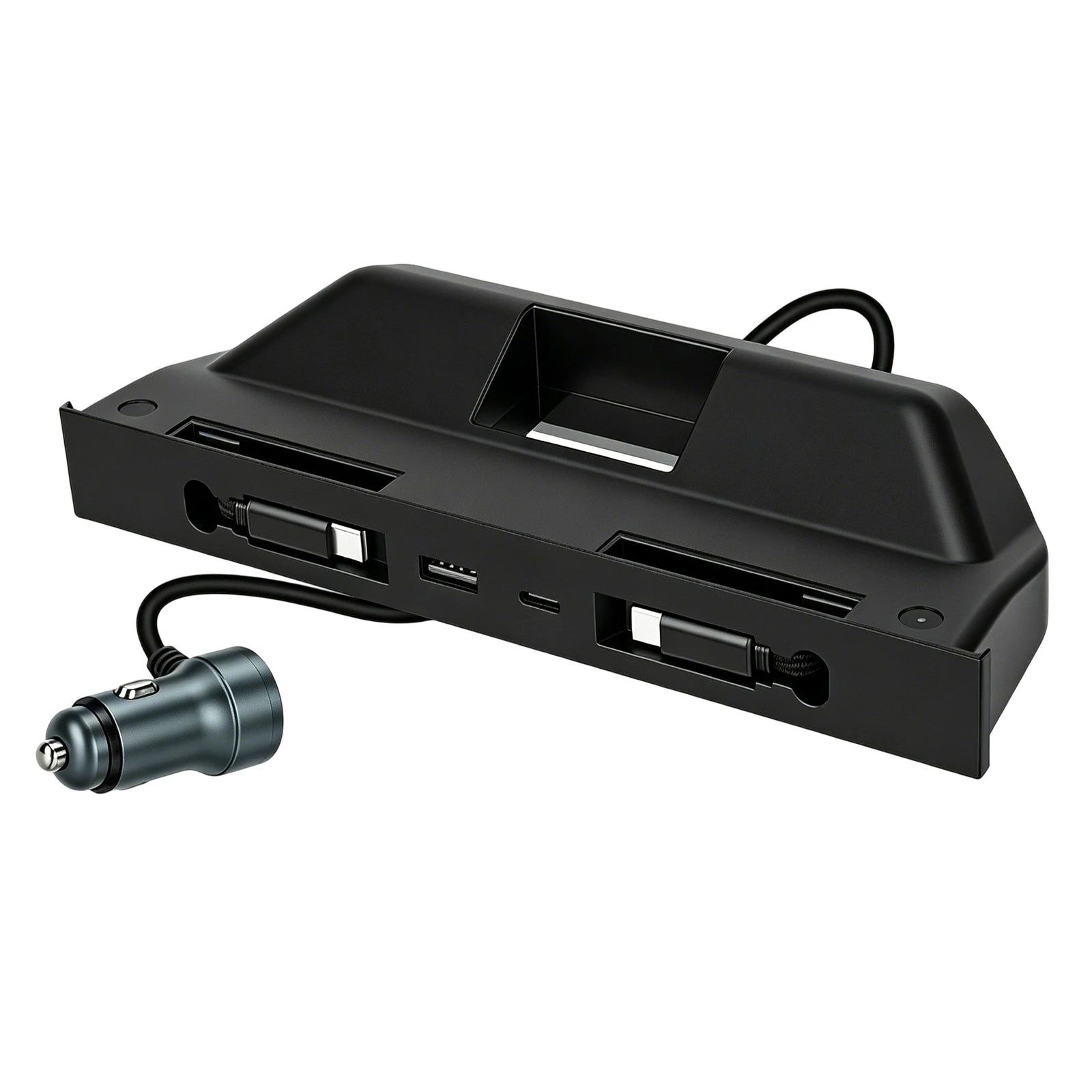 Charger Expansion Dock for Tesla ModelY/YL/3 Muti-Ports Charging Hub 60W Dual Type-C Retractable Cables for Center Console Qme black